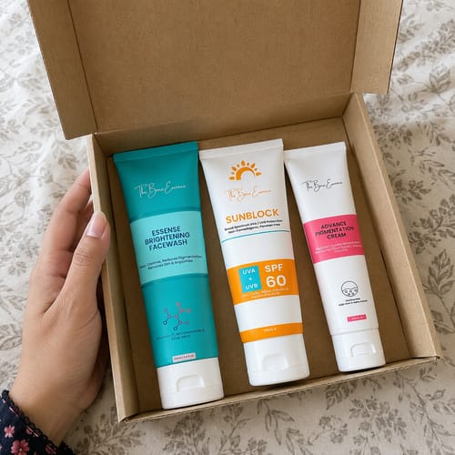 Customer's Instant Relief Pigmentation Pack with three products—facewash, sunblock, and cream—arranged in an open box.
