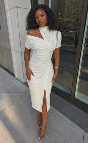 Customer photo review of Solid color One-shoulder Draped Asymmetrical Midi Dress