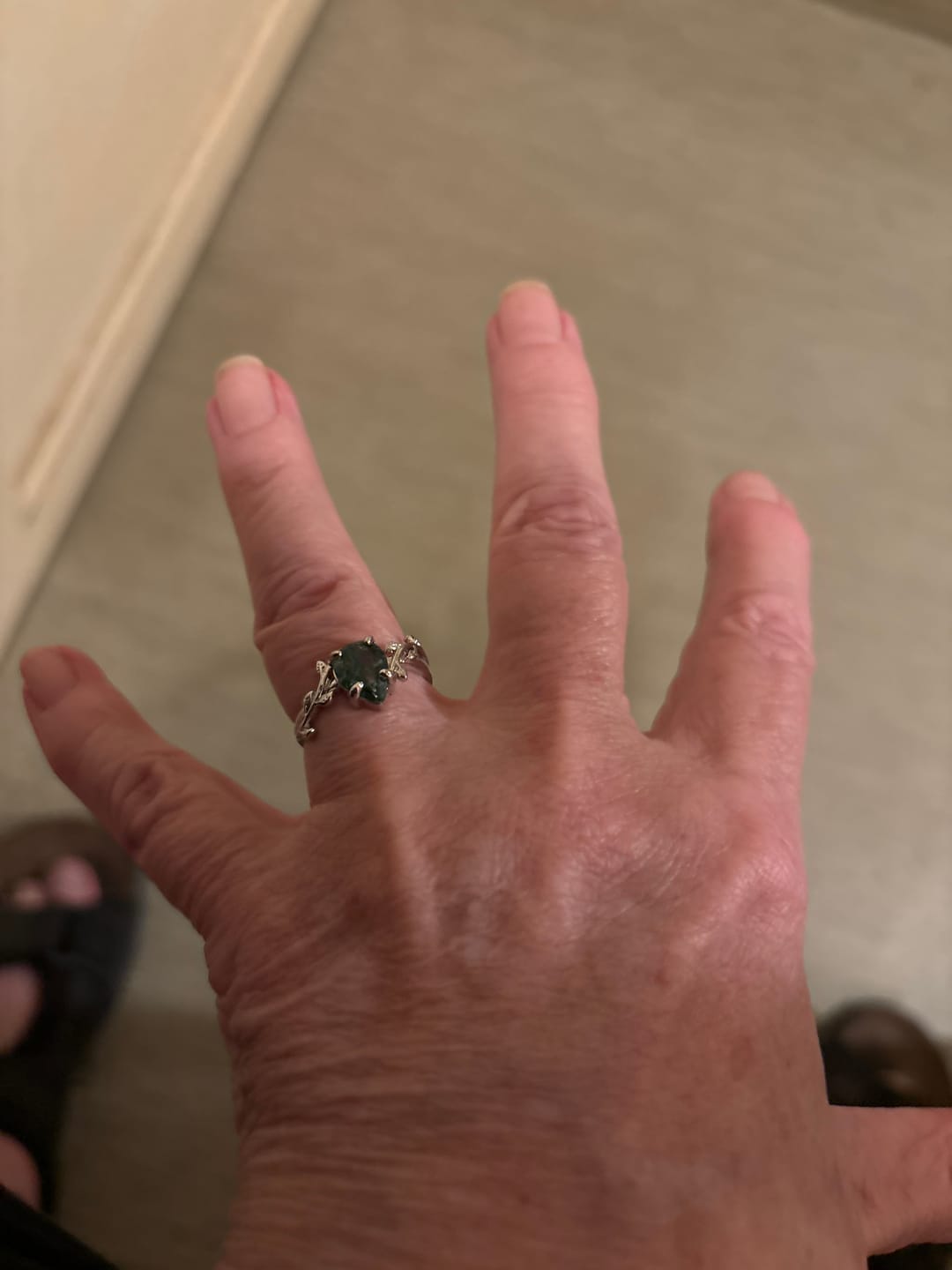 Customer photo review of FREE Today: Pear Cut Moss Agate Twisted Leaf Engagement Ring