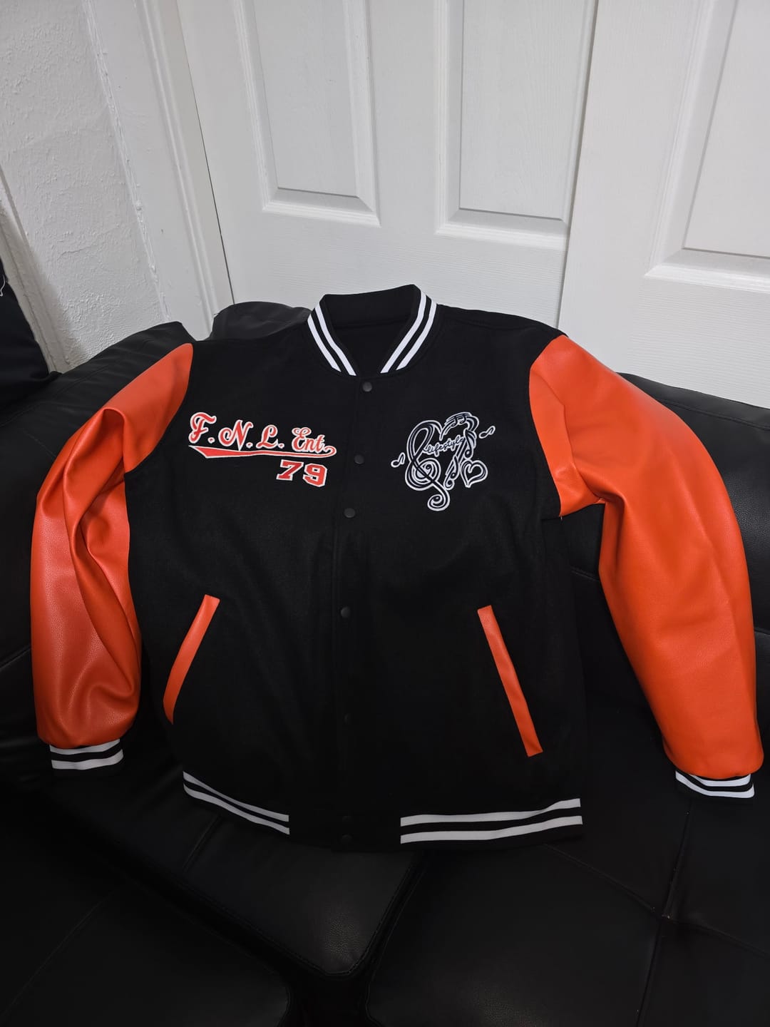 Customer photo review of Custom Black Orange White Raglan Sleeves Varsity Full-Snap Leather Sleeves Letterman Jacket