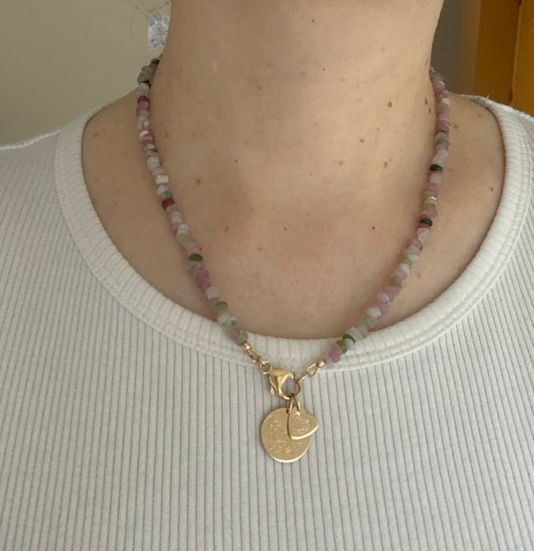 Customer photo review of Joy Pebble Necklace | Watermelon Tourmaline