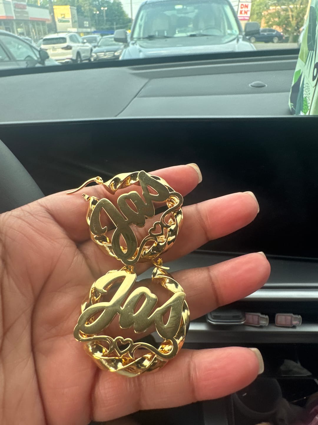 Customer photo review of Heart Twist Name Hoop Earrings