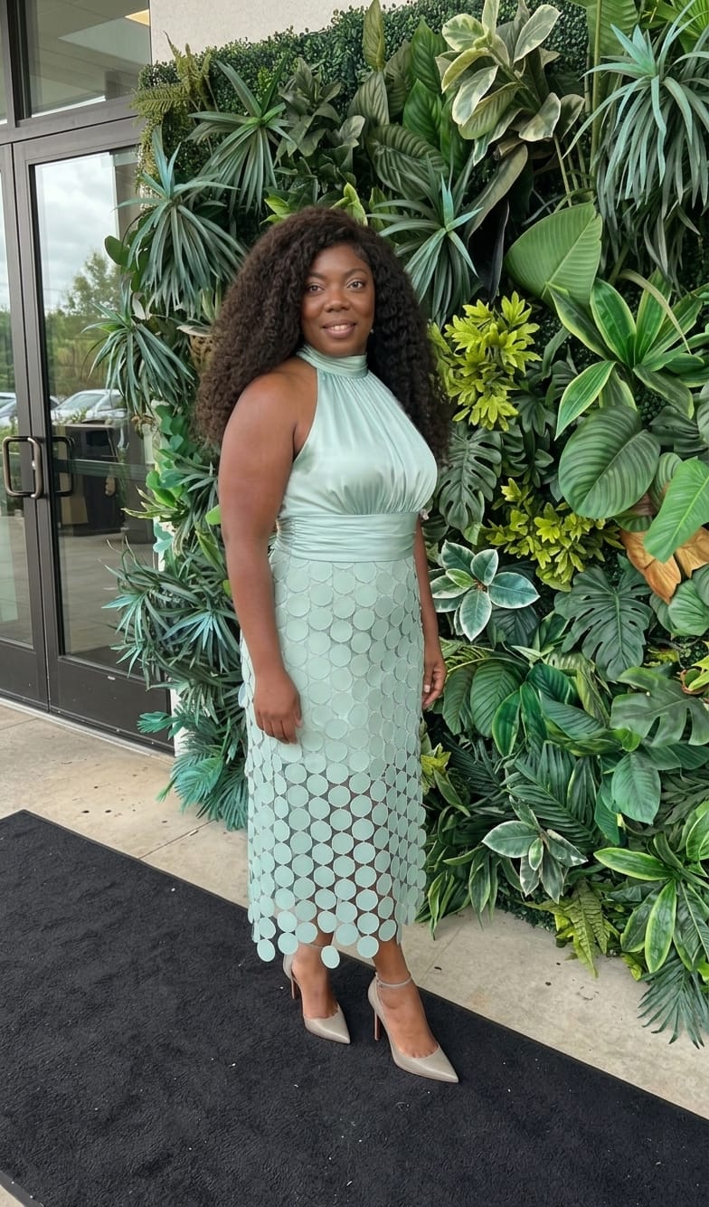 Customer photo review of Satin Ruched Halter Neck Sleeveless A-Line Midi Dresses