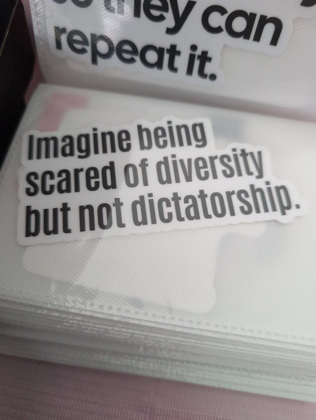 Customer photo review of Imagine Being Scared of Diversity But Not Dictatorship Black/White Die Cut STICKER