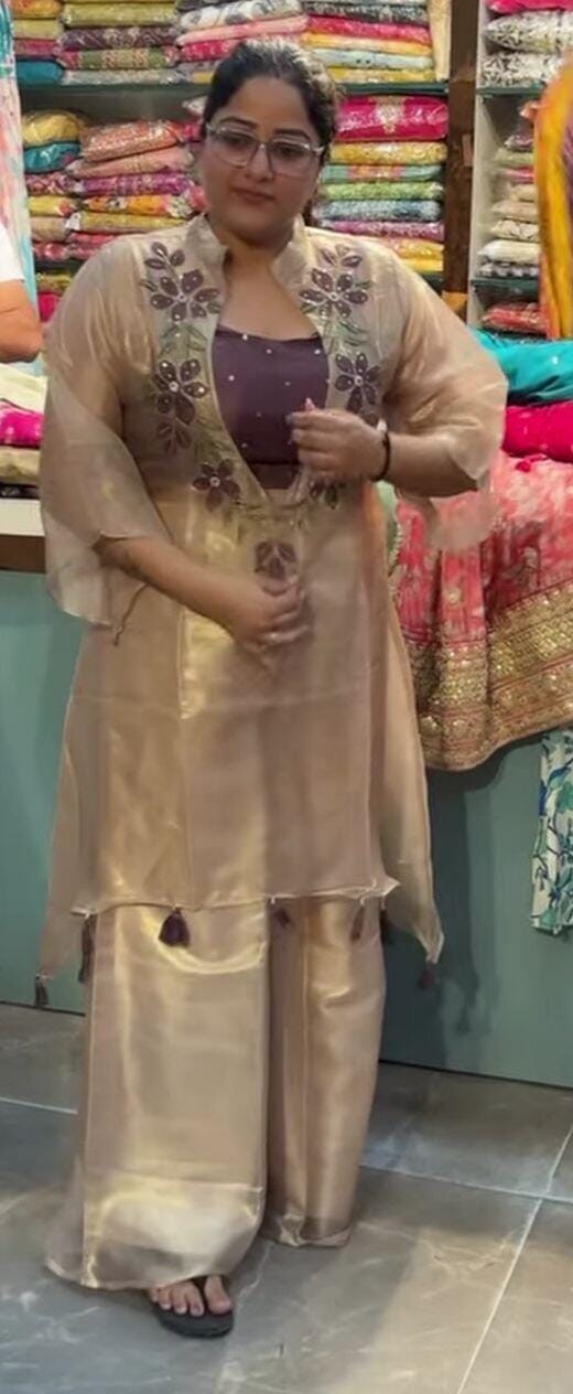 Customer photo review of Premium Shimmery Organza Mouse Purple Colour Three Indo-Western Set
