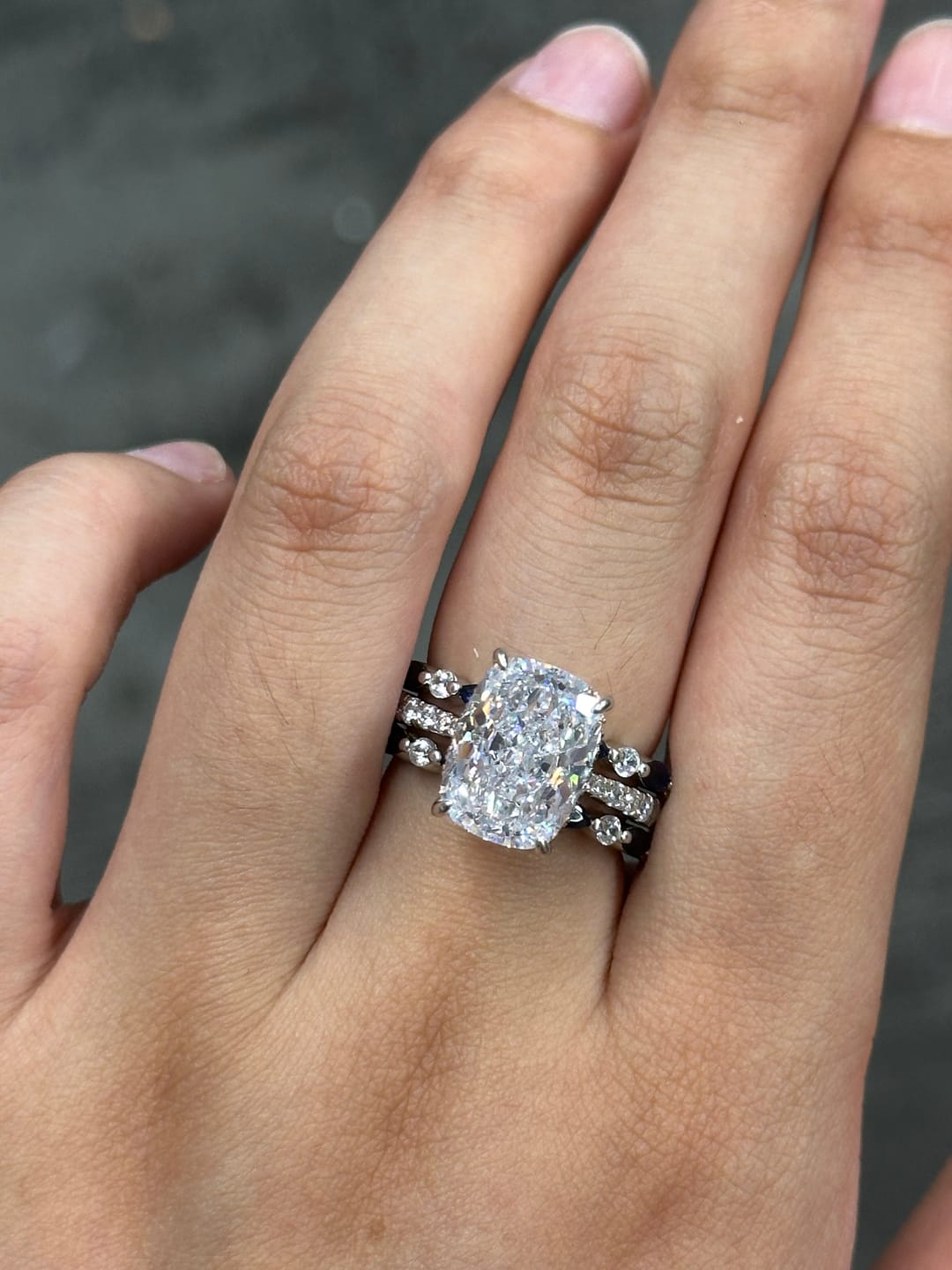 Customer photo review of S925 6.5Ct Cushion Cut Insert Wedding Ring Set With Unique White & Blue/Red Stone Engagement Ring Enhancer