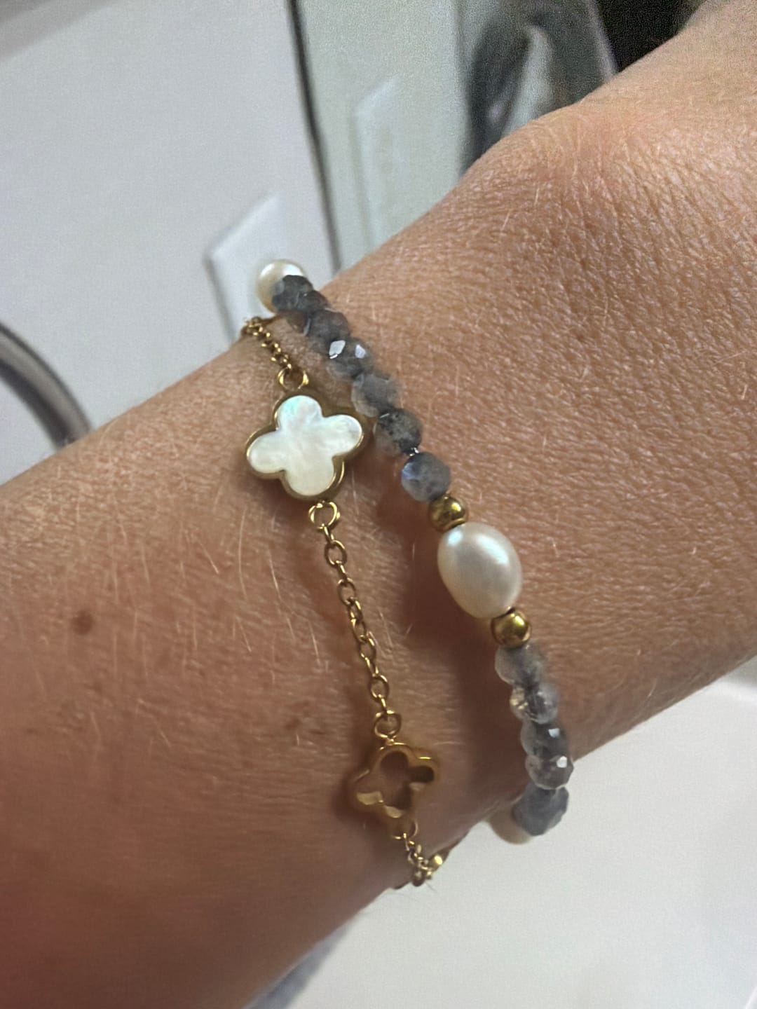 Customer photo review of Moonstone & Pearl Bead Bracelet