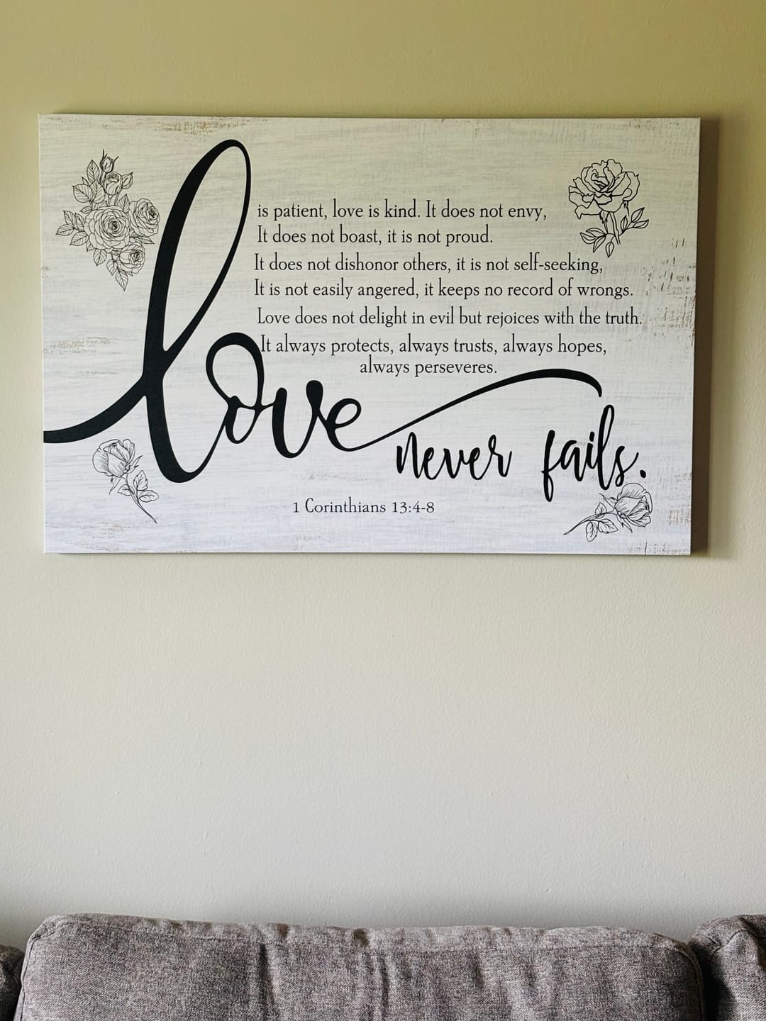 Customer photo review of Love Never Fails 1 Corinthians 13:4-8 Wall Art Canvas