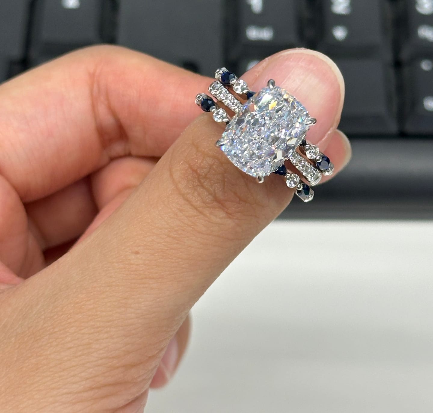 Customer photo review of S925 6.5Ct Cushion Cut Insert Wedding Ring Set With Unique White & Blue/Red Stone Engagement Ring Enhancer