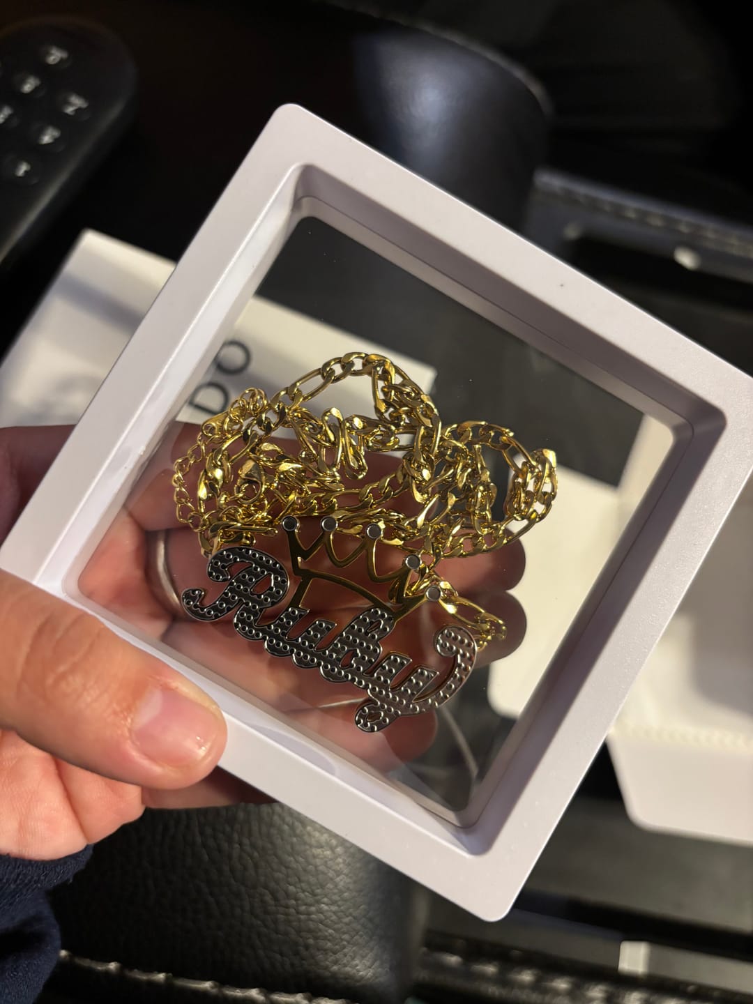 Customer photo review of Double Plated Crown Name Necklace w/ Figaro Chain
