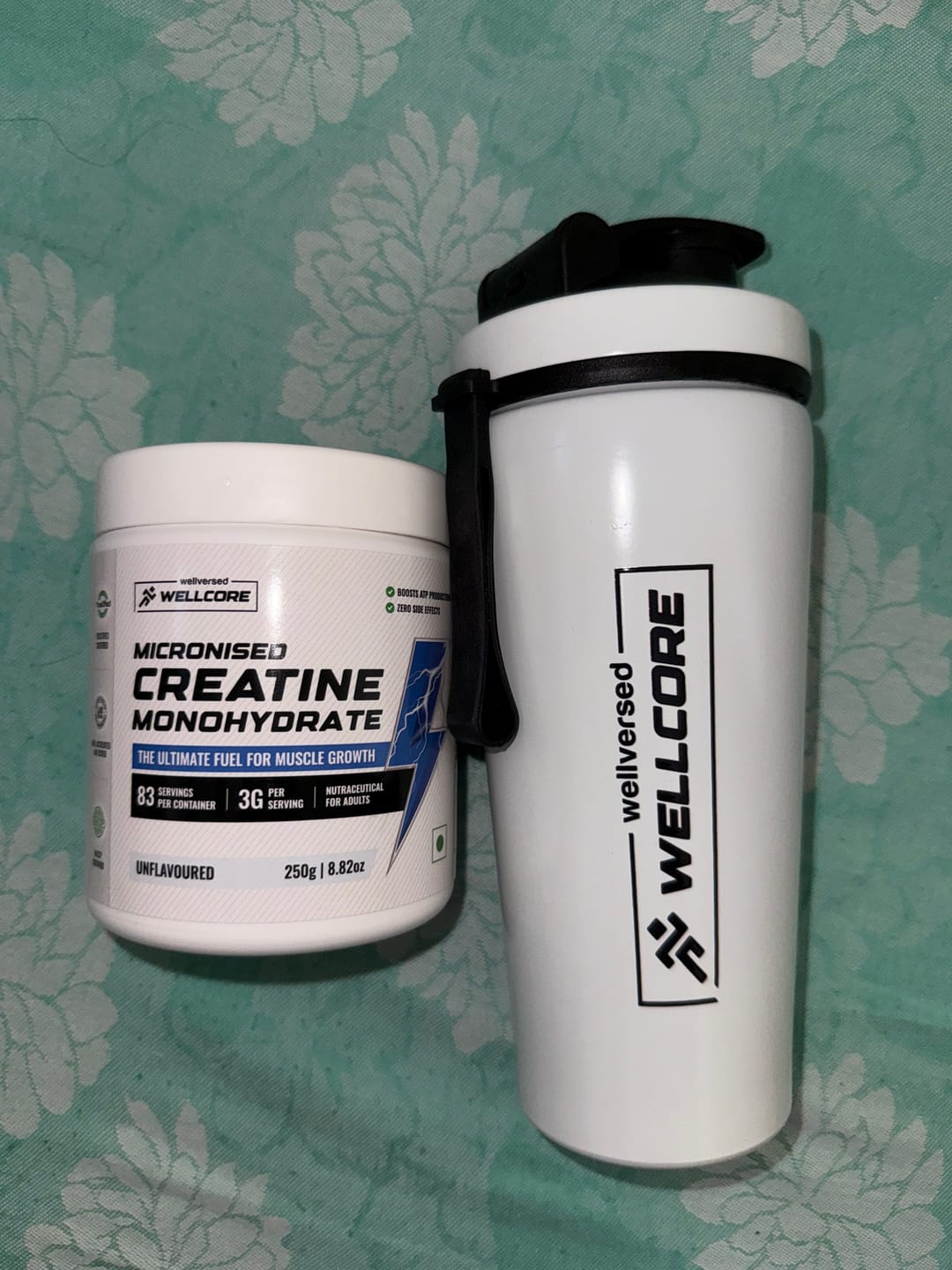 Customer photo review of Wellcore - Micronised Creatine Monohydrate (83 Servings, Unflavoured) + Premium Steel Shaker