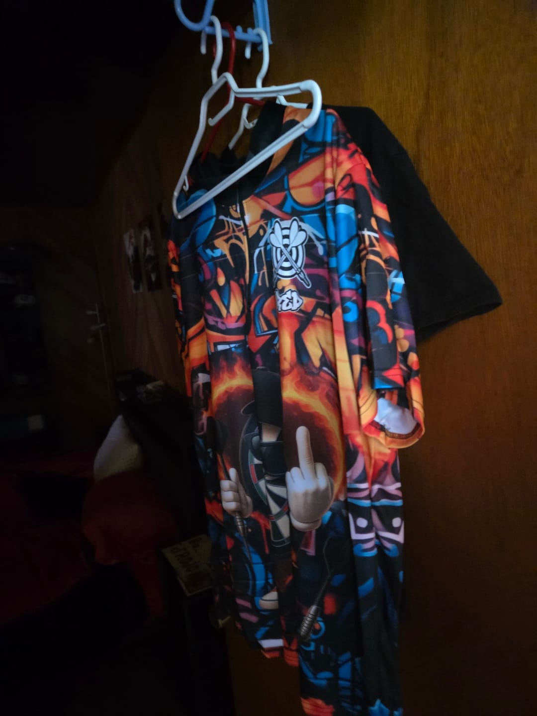 Customer photo review of Maxcorners Darts Flaming Dartboard Attitude Graffiti Pattern Multicolor Customized Name, Team Name 3D Shirts