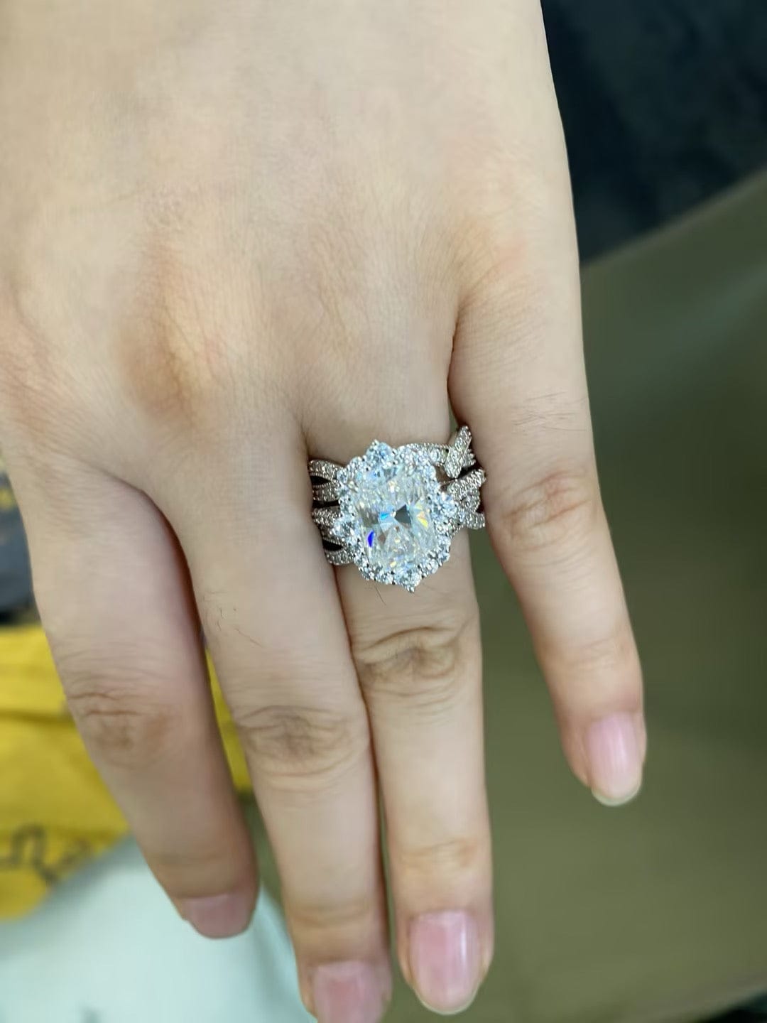 Customer photo review of S925 3.0Ct Radiant Cut Black Stone/White Stone Halo Insert Wedding Ring Set For Women In Sterling Silver