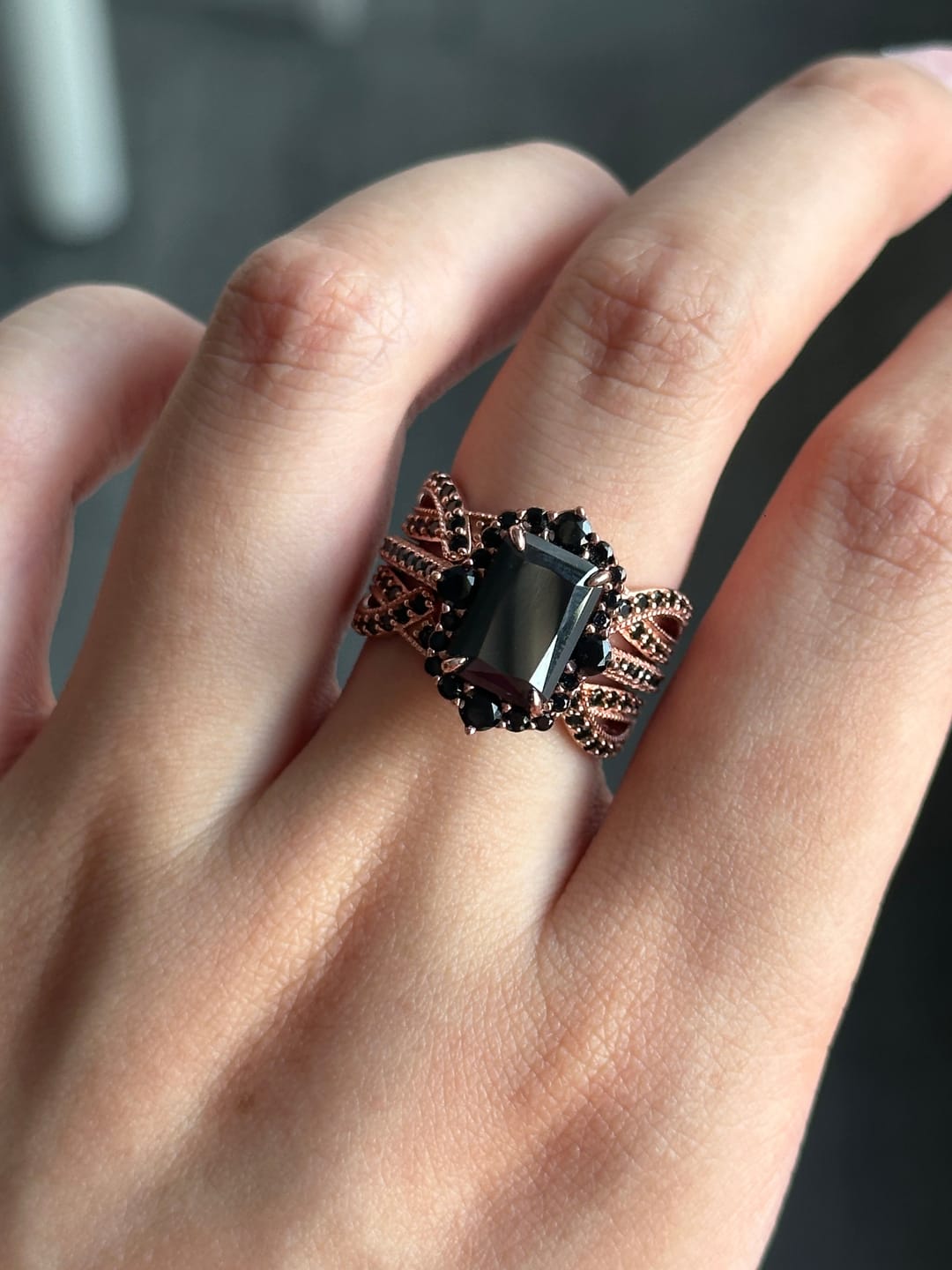 Customer photo review of S925 3.0Ct Radiant Cut Black Stone/White Stone Halo Insert Wedding Ring Set For Women In Sterling Silver