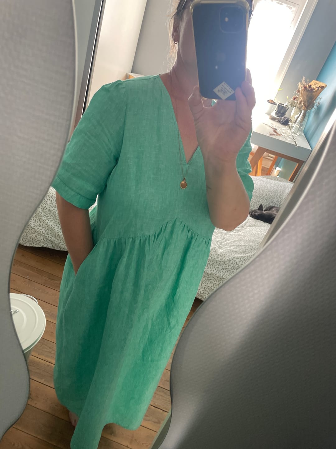 Customer photo review of Robe Édonie — Lin vert chiné peps