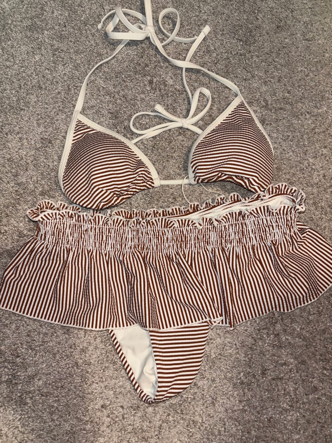 Customer photo review of Seamolly Contrast Binding Striped Layered Peplum Halter Triangle Skirtini Bikini Set
