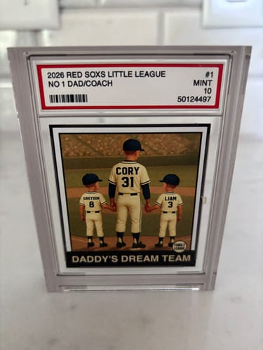 Customer's personalized acrylic plaque in a baseball card style, showing a dad and two kids in uniform.