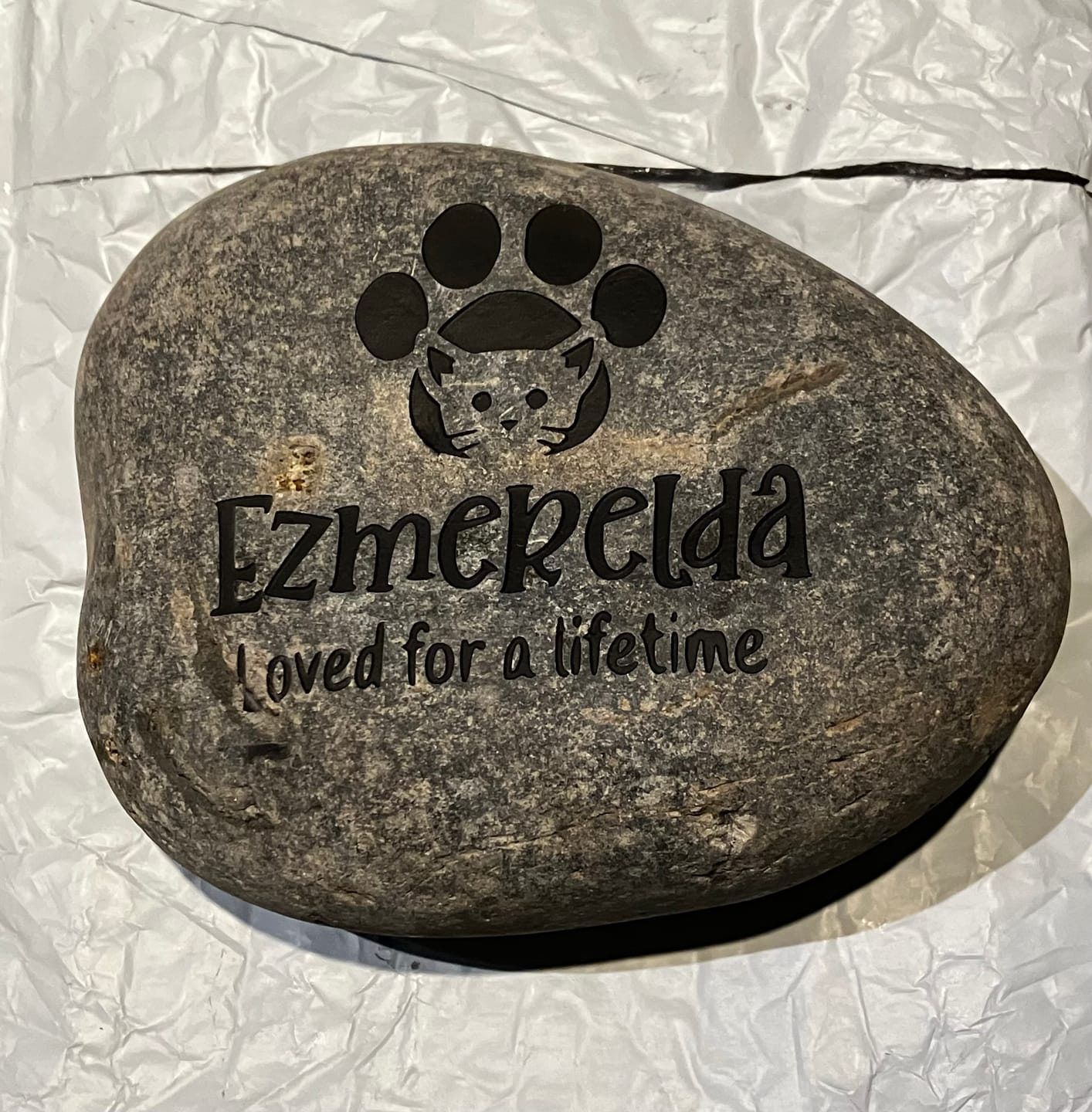 Customer photo review of Dog headstones Grave Marker Custom Engraved Pet Memorial River Rock Stone Heart Paw Print
