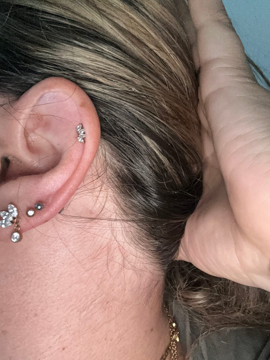 Customer photo review of Tiny Dangle Lotus Labret Piercing - Titan