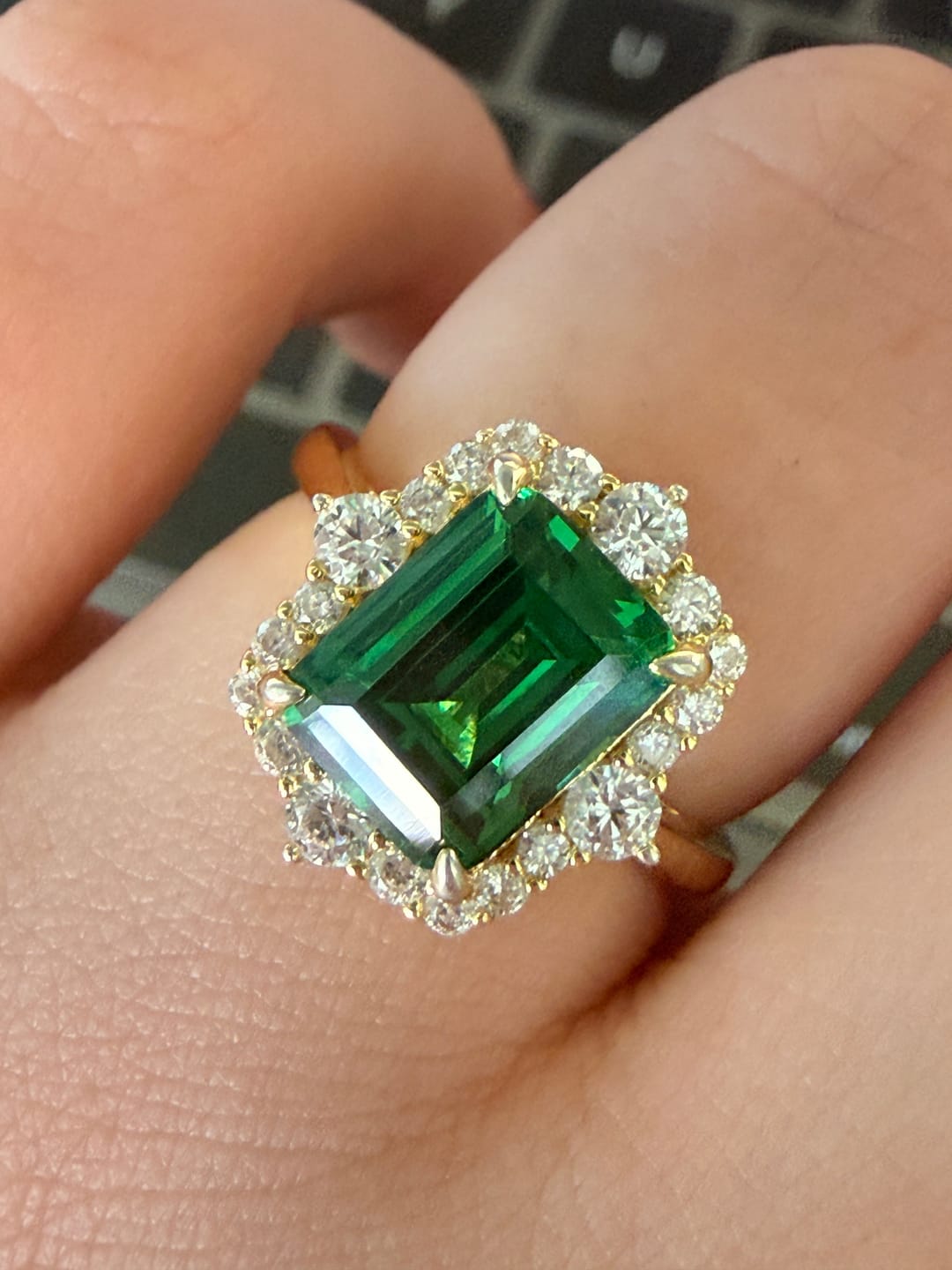 Customer photo review of S925 3.0Ct Emerald Cut Green/Red/Blue Stone Halo Engagement Ring Vintage Ring