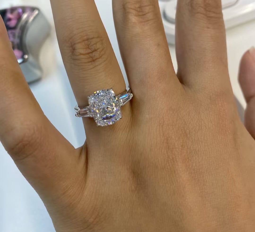 Customer photo review of Louily Exquisite White Gold Cushion Cut Three Stone Engagement Ring In Sterling Silver