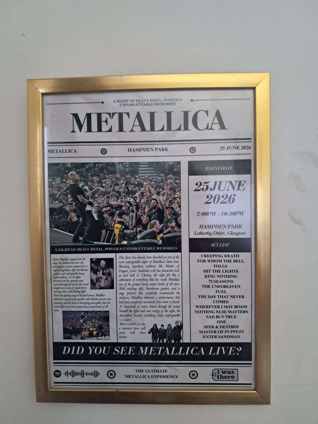 Customer photo review of Metallica - Personalised Newspaper Style Concert Poster