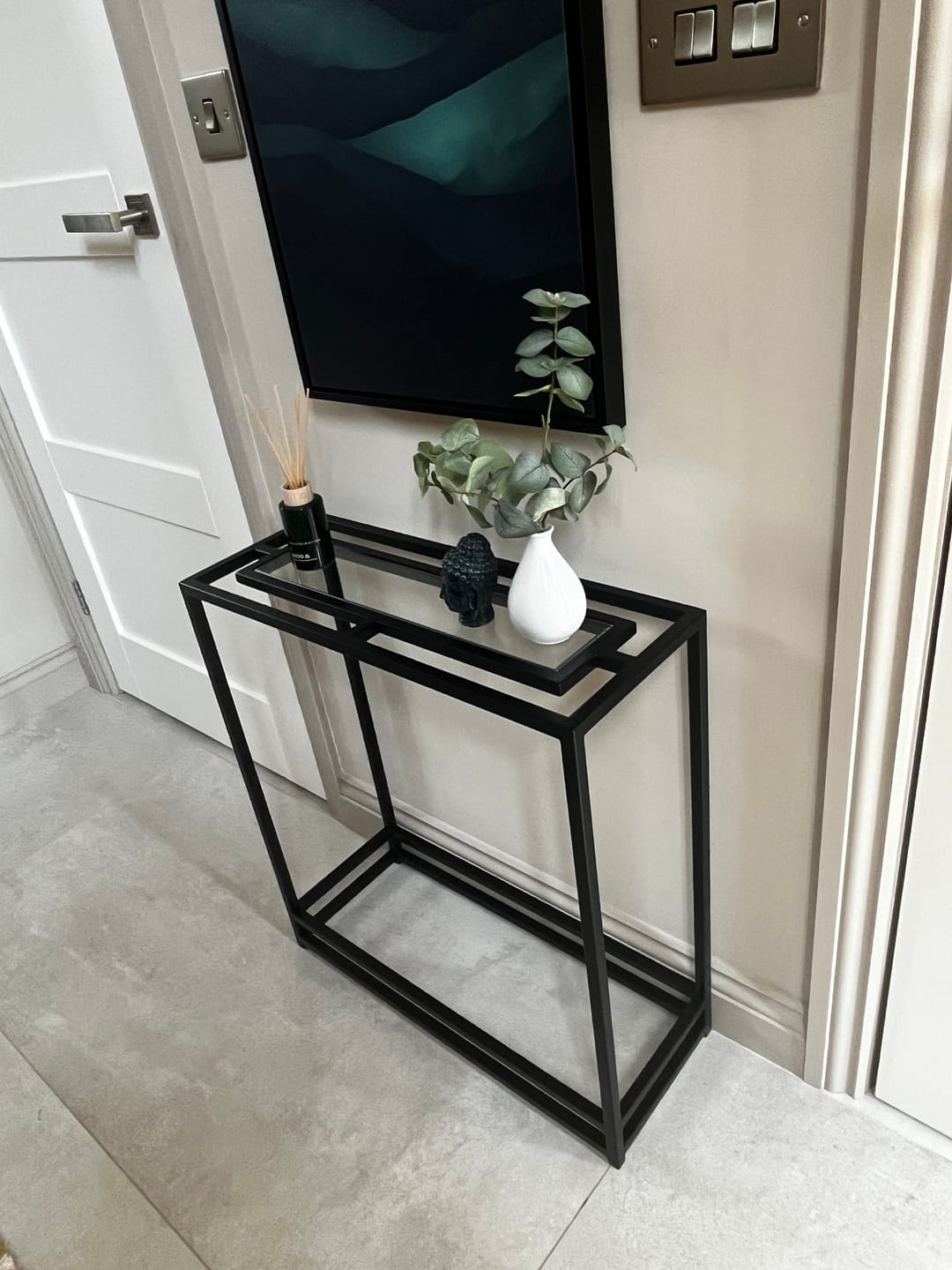 Customer photo review of Thea Glass Metal Console Table - Black