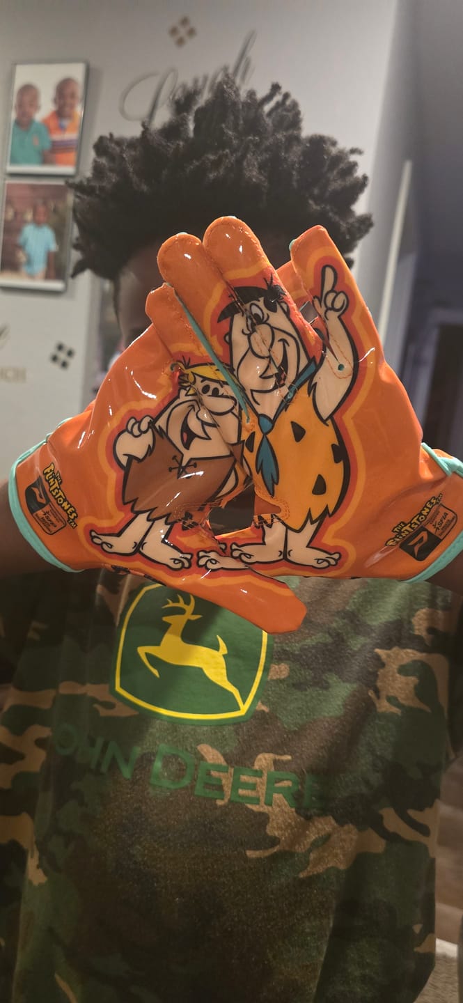 Customer photo review of The Flintstones "Bedrock Blitz" Football Gloves - VPS5 by Phenom Elite