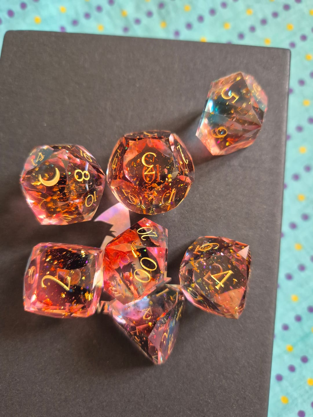 Customer photo review of URWizards D&D Resin Pink Nebula Engraved Dice Set Multi-faceted Style