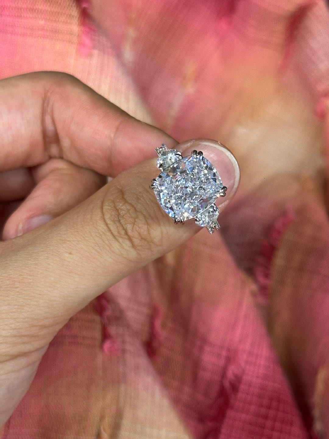 Customer photo review of S925 6.0Ct Cushion Cut Three Stone Engagement Ring Simulated or Moissanite Diamond Bridal Rings For Women