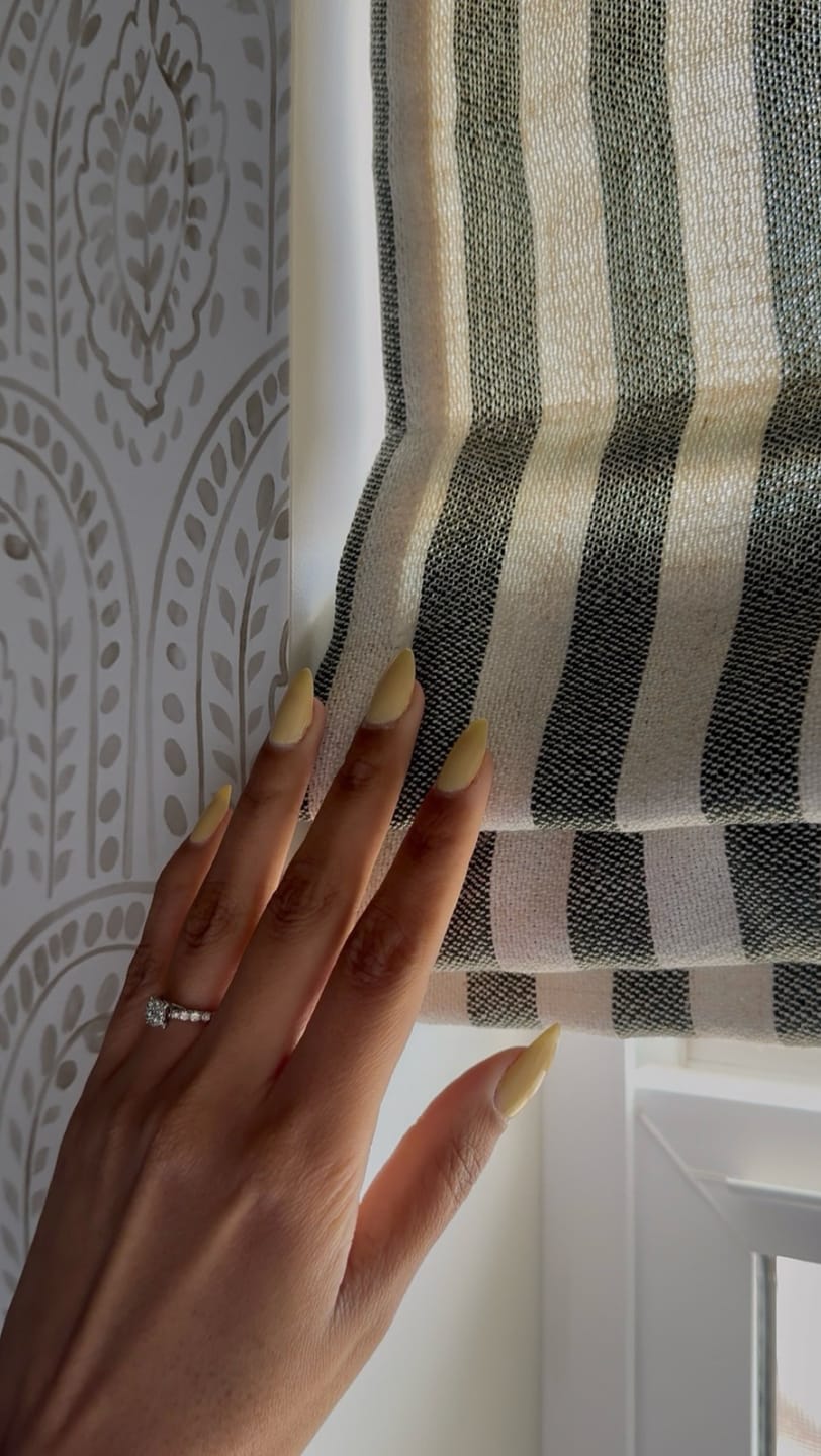 Customer photo review of Milano Flat Fold Linen Blend Striped Cordless Custom Roman Shade
