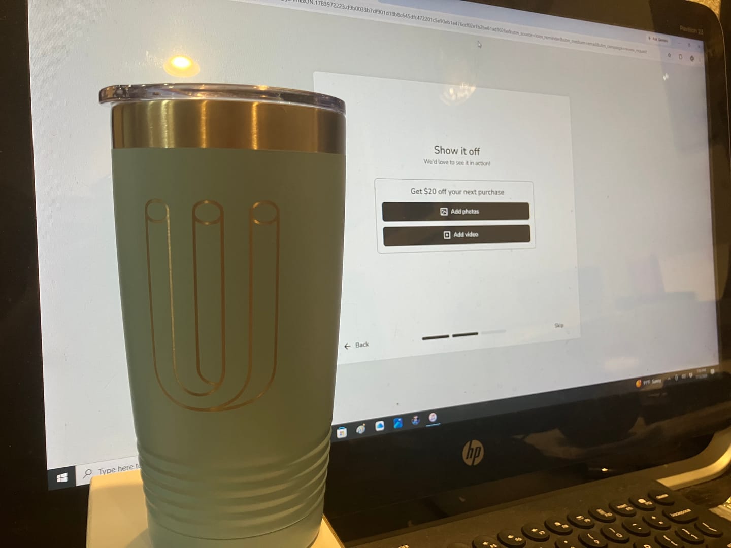 Customer photo review of $5 Sample - Custom 20 oz Tumbler with your Business Logo Engraved - Great Test Before Bulk Volume Order!