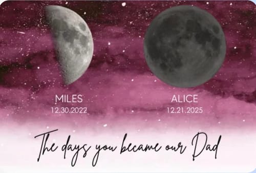 Close-up of a customer's personalized moon phase poster showing two names, birthdates, and their corresponding moon phases.