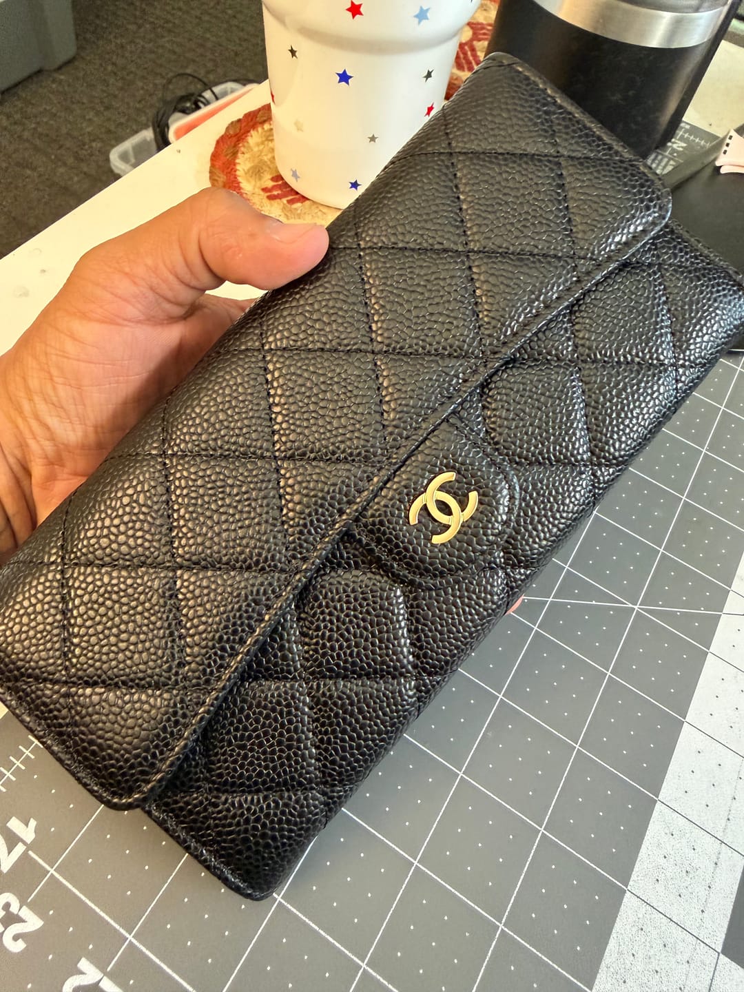 Customer photo review of CC Classic Long Flap Wallet Black Quilted Caviar Gold Buckle 243676