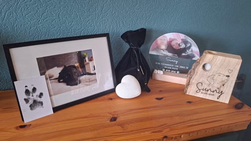 Rezensent zeigt das personalisierte LED-Nachtlicht auf einer Holzkommode als Teil eines liebevollen Andenkens an ein Haustier.