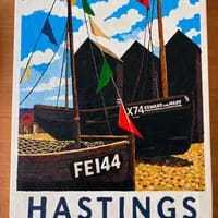 Customer's completed Custom Paint By Numbers kit, showing a colorful painting of boats in Hastings harbor.