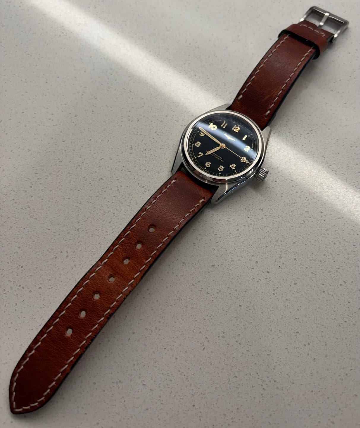 Customer photo review of Horween English Tan Dublin Leather Watch Strap, Natural Thread