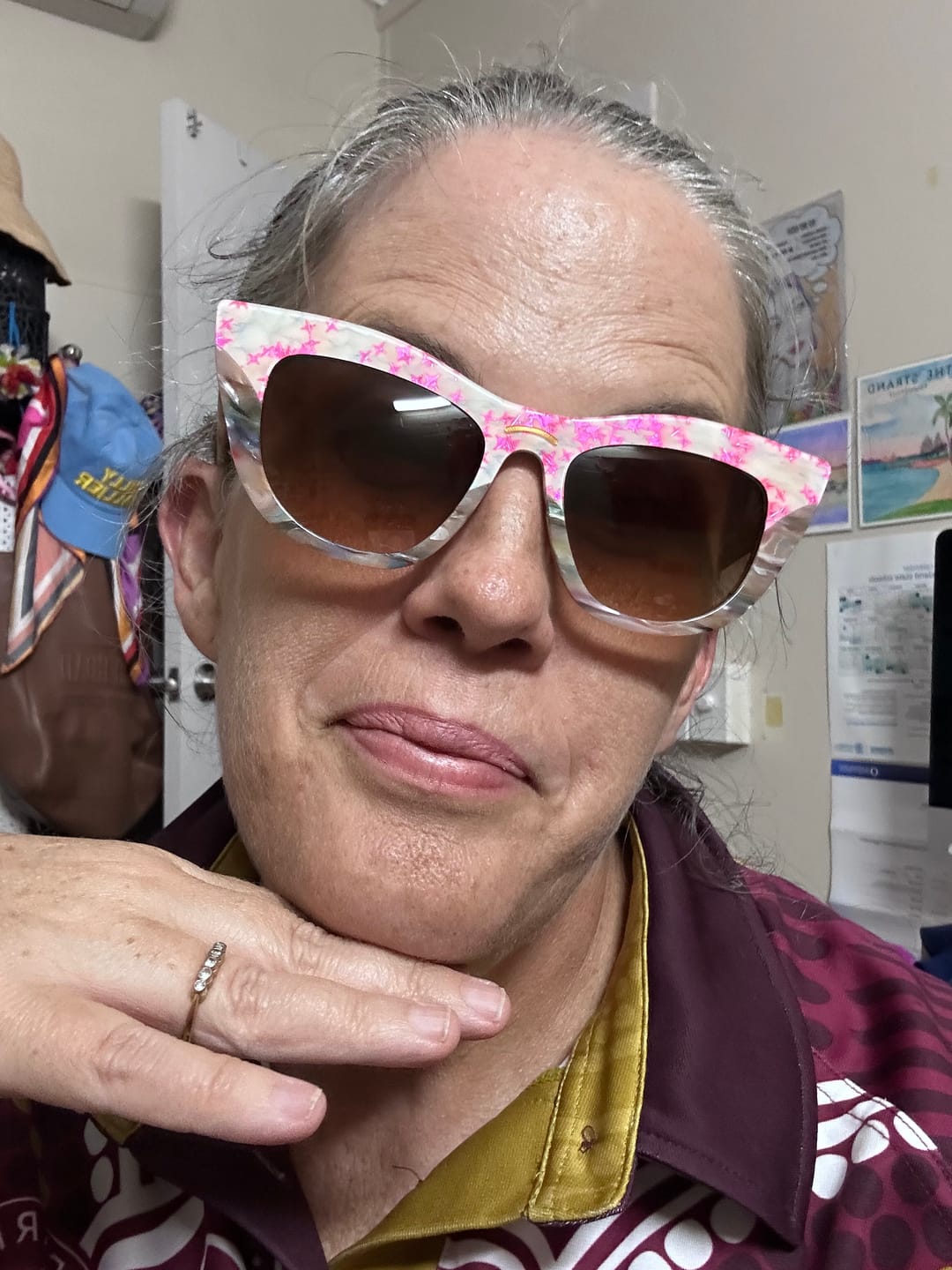 Customer photo review of Kaleida ~ Pink two-tone cat-eye sunglasses with star glitter and multi-coloured patterned acetate