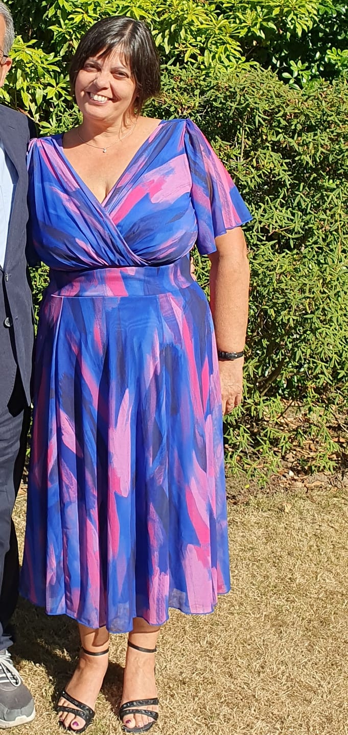 Customer photo review of Petite Victoria Blue Pink Brush Angel Sleeve Mesh Long Midi Dress