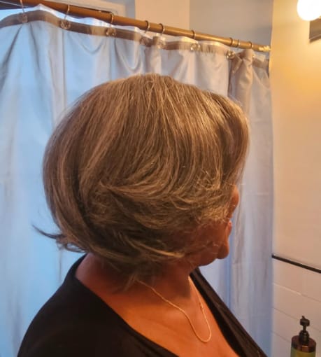 Customer photo review of Luvwin 5x5 Salt And Pepper Glueless Gray Color Pre-Cut Lace Layered Cut Straight Bob Wig 100% Human Hair