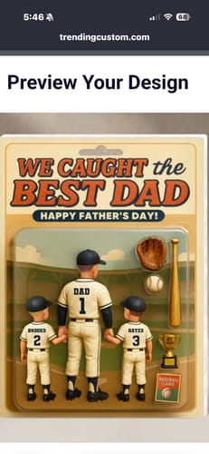 Customer's design preview for the 'We Caught the Best Dad' personalized acrylic plaque, showing a dad and two sons.