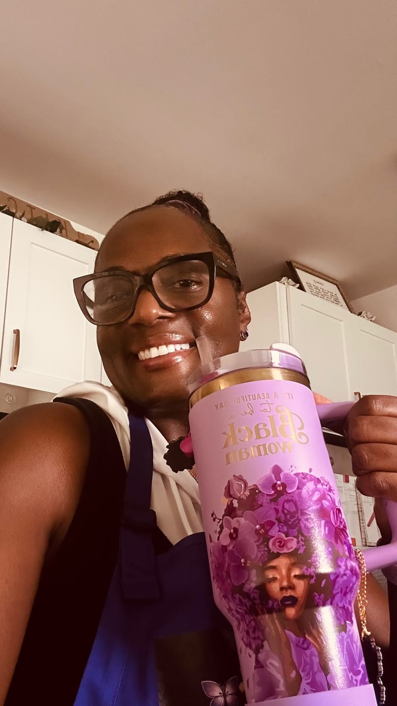 Customer photo review of Orchid Purple "Royalty Blossomed" FlowSip™ Insulated Tumbler – It's a Beautiful Day to Be a Black Woman