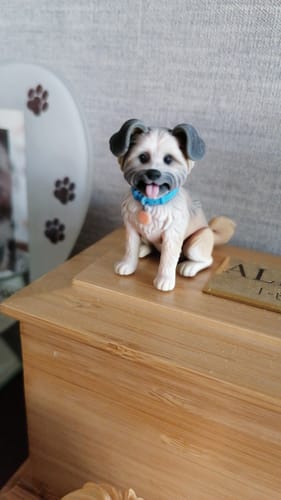 Customer's custom dog figurine sitting on a wooden memorial box, serving as a tribute to their pet.