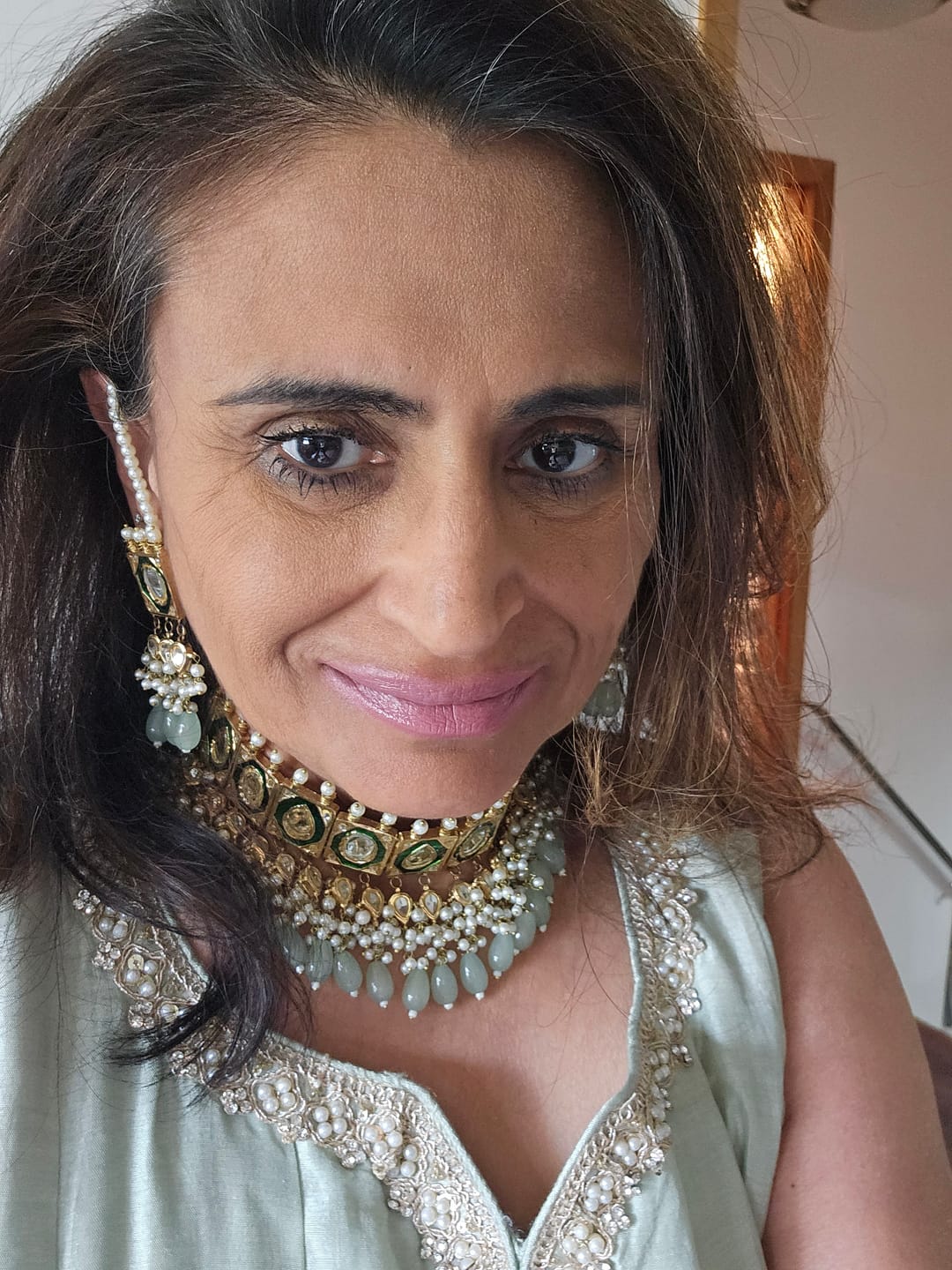 Customer photo review of Royal Green Kundan Choker Necklace Set with Pearl Clusters and Mint Bead Drops