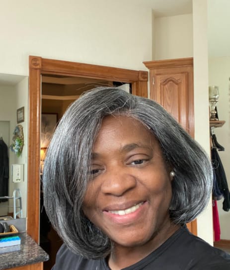 Customer photo review of Luvwin 5x5 Salt And Pepper Glueless Gray Color Pre-Cut Lace Straight Bob Wig For Black Women