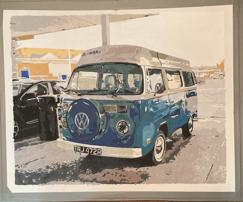 Customer's completed Custom Paint By Numbers artwork of a classic blue and white camper van.