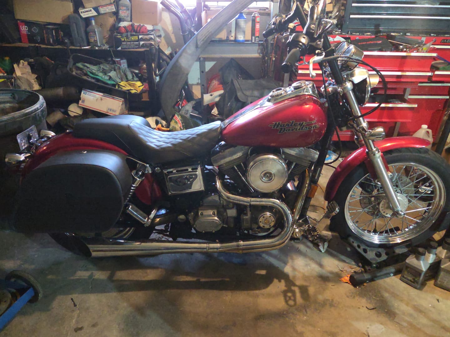 Customer photo review of 32L - Panzer Large Hard Mount Shock Cutout Saddlebags for Harley Dyna Wide Glide FXDWG/I