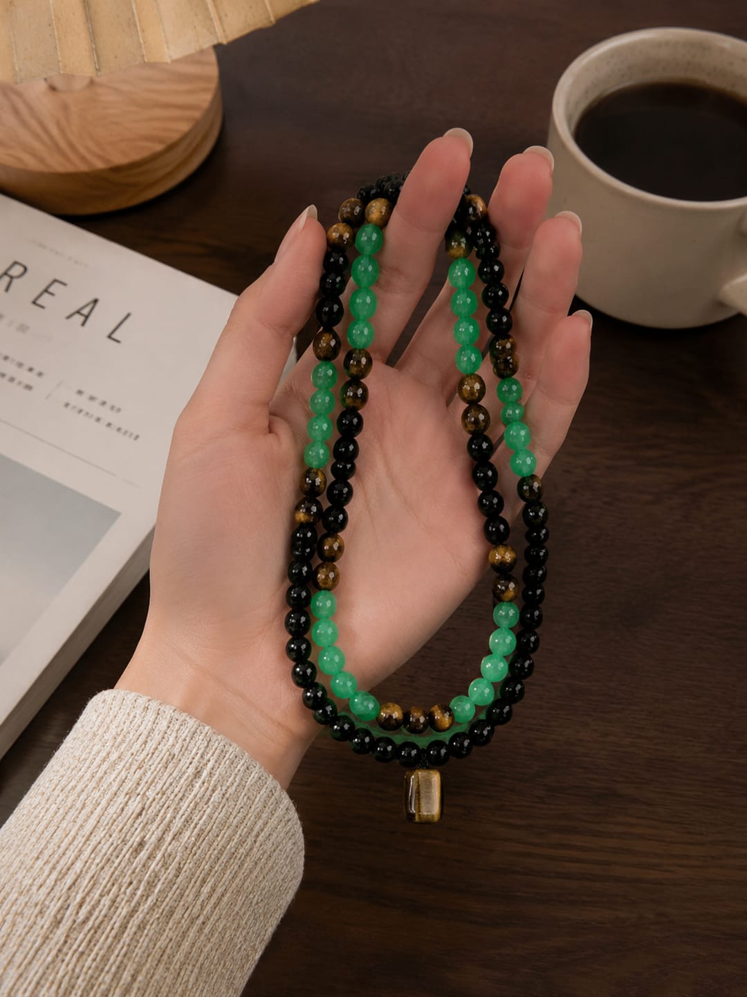 Customer photo review of FuAttract Black Obsidian Green Aventurine & Tiger's Eye Necklace – Protection Growth & Courage