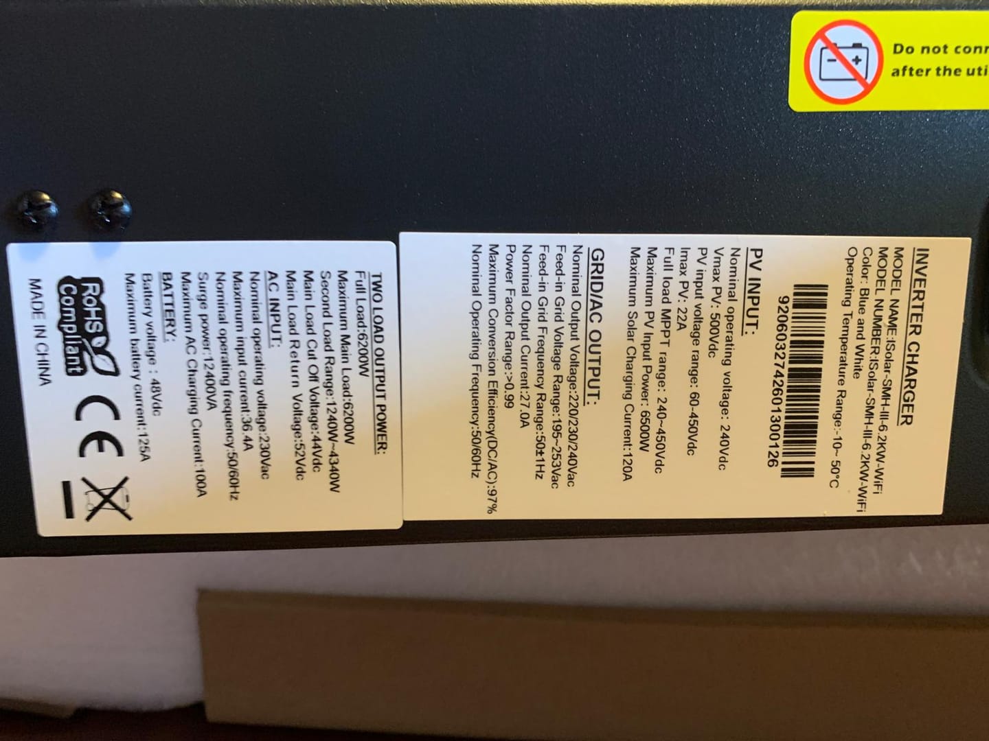 Customer photo review of Inverter Solare Ibrido 6.2kW 48V MPPT 120A WiFi | EASUN