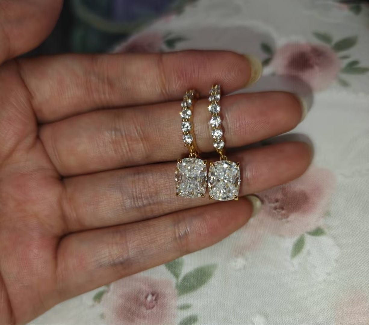 Customer photo review of S925 Unique 4.0 Carat*2 Cushion Cut Yellow Gold Earrings In Sterling Silver For Everyday Wear